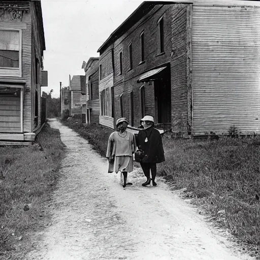 Prompt: walking in the middle of a narrow road in a depression era crammed mid - west town that was abandoned, 1 9 2 0 s w 6 4 0