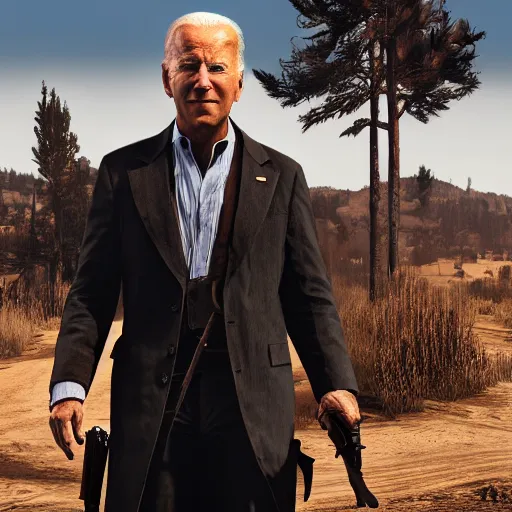 Image similar to Joe Biden in red dead redemption, dramatic matte painting, style by syd mead, 8k, octane render, photorealistic, hyperrealism