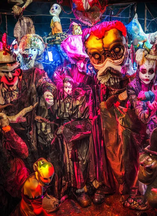 Image similar to aesthetic whimsical horror, silent hill carnival, fools and jesters performing at a carnival, high-resolution, extreme detail, beautiful colorful lights