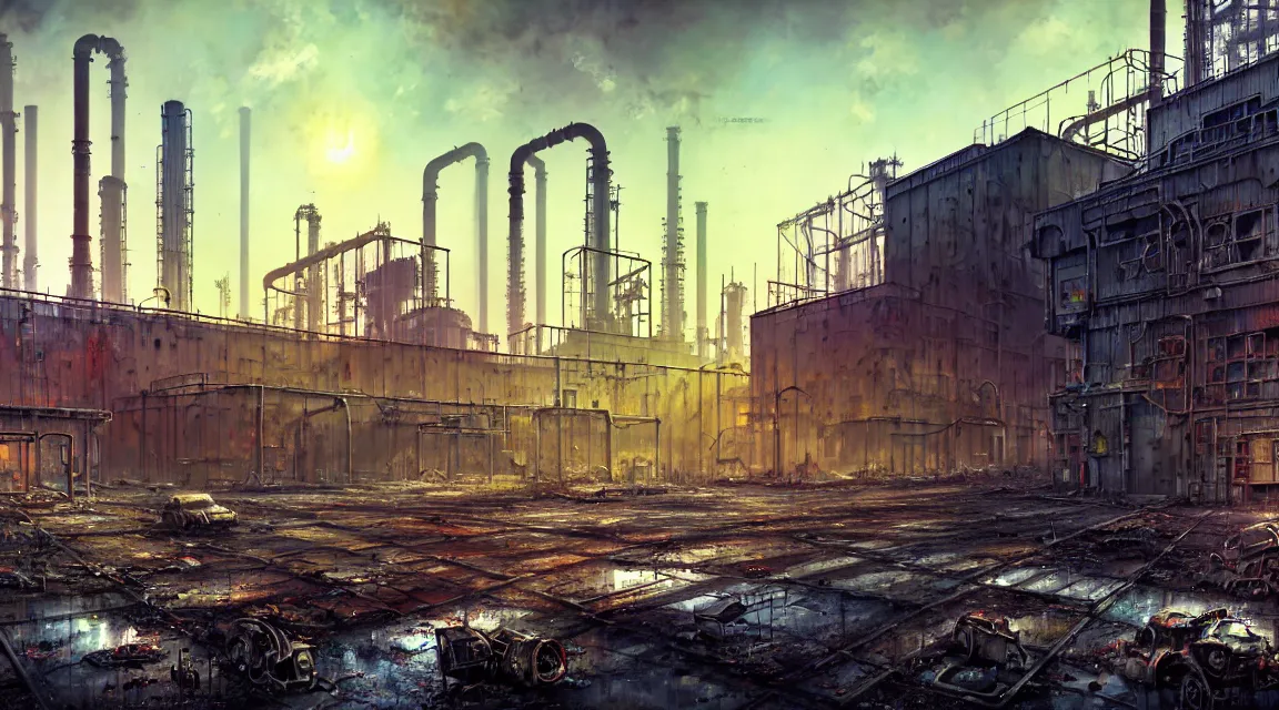 Prompt: post apocalyptic factory, sunny day, industrial modern contemporary urban architecture, by pascal blanche, neil blevins, thomas kinkade, apocalyptic color palette, trending on artstation, photorealistic, post processed, ultra detailed, high definition, depth of field, bokeh, rubble, wild vegetation, blood stains, building crumbling
