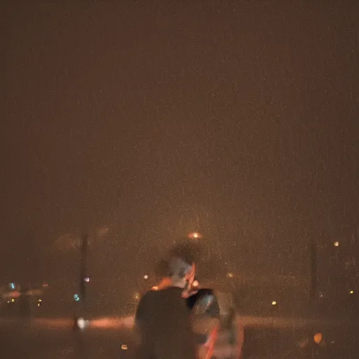 Image similar to A dark picture of two shadowy figures hugging each other, it is raining, 35mm, motion blur