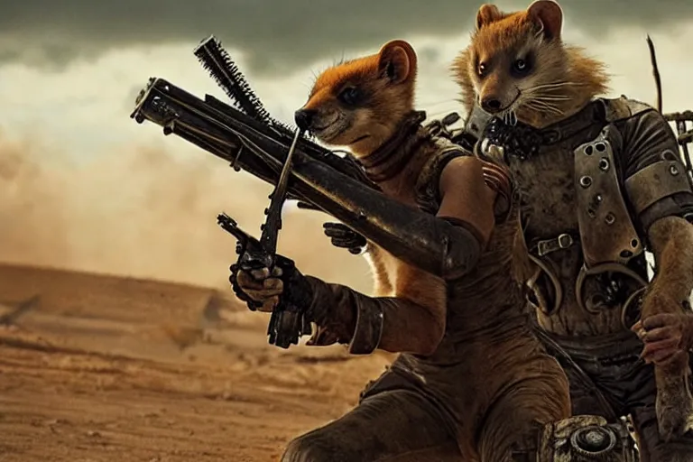 Image similar to a good ol'weasel fursona ( from the furry fandom ), heavily armed and armored facing down armageddon in a dark and gritty version from the makers of mad max : fury road. witness me.