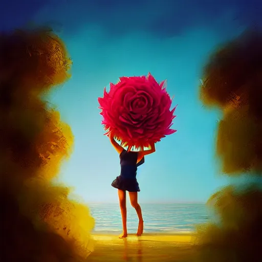 Image similar to portrait, giant rose flower head, girl dancing at the beach, surreal photography, sunrise, blue sky, dramatic light, impressionist painting, digital painting, artstation, simon stalenhag