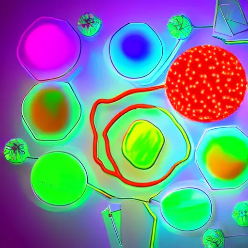 Image similar to 3d cells showing a cancer , neon lights on a science paper, cell journal, cell biology, nature journal, science