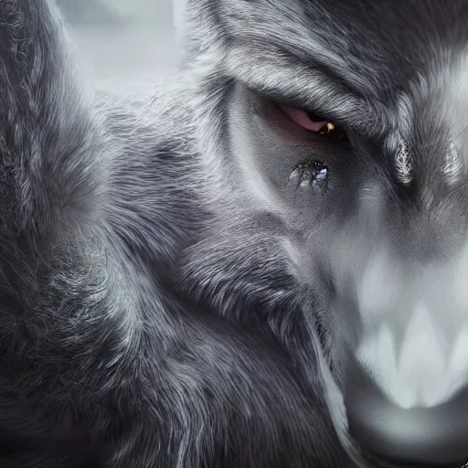 Image similar to portrait of man transforming into a werewolf with grey realistic fur, high detail, hyper realism, unreal engine, 8 k
