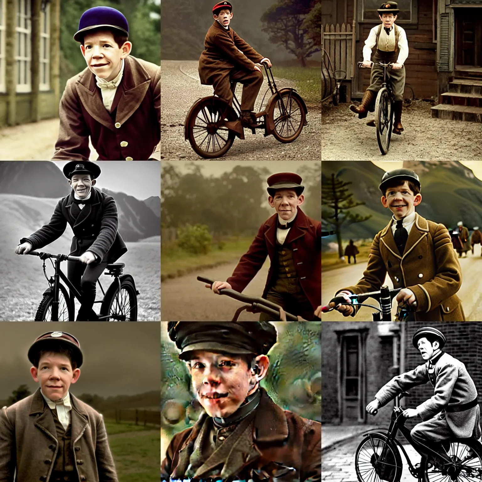 Prompt: young Lee Evans as a 19th century postman ride a bike, cinematic lighting, highly detailed, realistic, antique photography