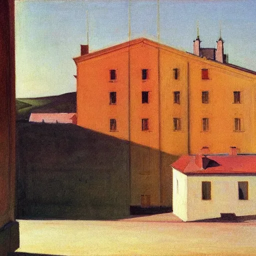 Prompt: an edward hopper style painting of a ( ( ( ( ( ( ( ( small town csorna ) ) ) ) ) ) ) ) in hungary, spring, april of 1 9 5 5