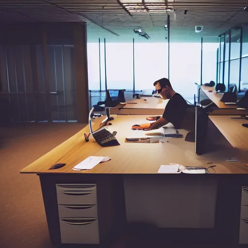 Image similar to photo of someone working at an office desk, underwater, cinematic