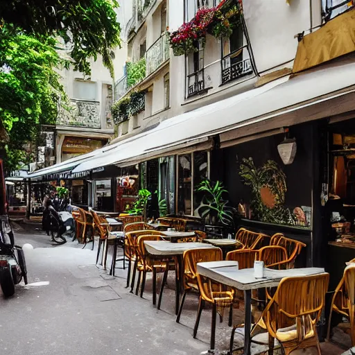 Prompt: a quiet cafe on the corner of a street in Paris in the style of The Jungle Book