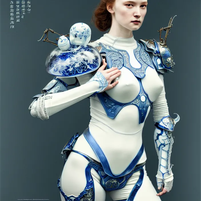 Image similar to porcelain cyborg armor, Chinese Blue and white porcelain, diffuse lighting, fantasy, intricate, elegant, highly detailed, lifelike, photorealistic, digital painting, artstation, illustration, concept art, smooth, sharp focus, art by John Collier and Albert Aublet and Krenz Cushart and Artem Demura and Alphonse Mucha