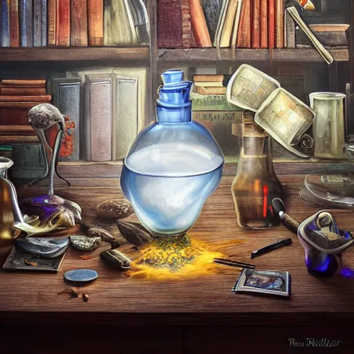 Prompt: hyper real, table, wizards laboratory, lisa parker, tony sart, mortar, pestle, scales with magic powder, energy flowing, magic book, beakers of colored liquid