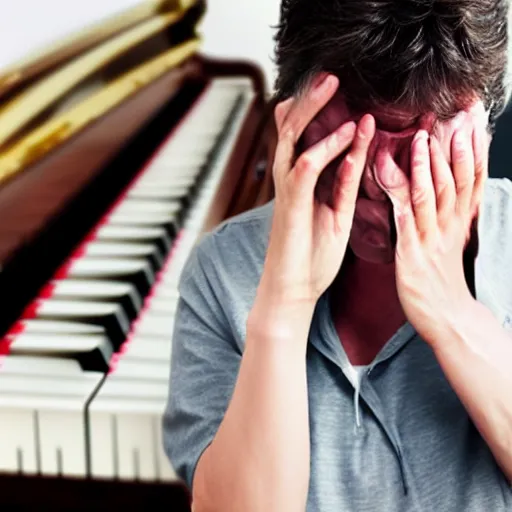 Prompt: a crying musician is shouting at a mobile phone while playing piano, professional photography