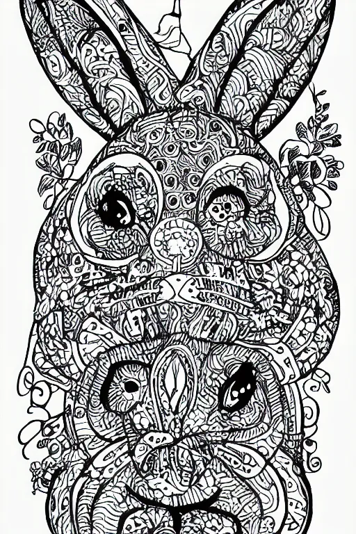 Prompt: bunny head, ornaments, ink drawing, line art colouring page