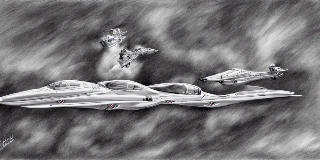 Prompt: thunderbirds scott and tracy with thunderbird 3 flying around them, pencil sketch, high detail, hyper realistic,