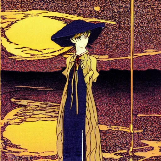 Prompt: kirisame marisa, sunset, artwork by Harry Clarke, touhou, official artwork