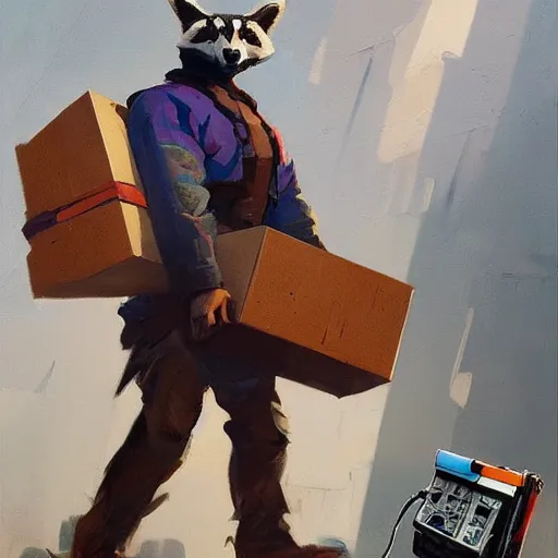 Prompt: greg manchess painting of a trash panda character, holding a box of cables and standing next to old electronic equiptment, medium shot, asymmetrical, profile picture, organic painting, sunny day, matte painting, bold shapes, hard edges, street art, trending on artstation, by huang guangjian and gil elvgren and sachin teng