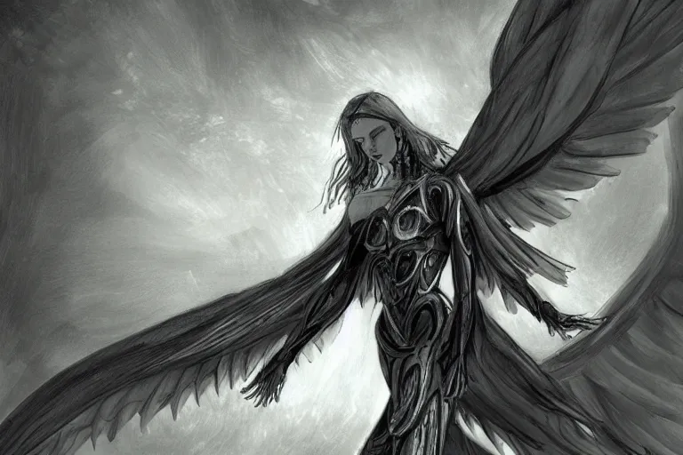 Prompt: concept art, woman angel in armor, large wingspan, dramatic pose