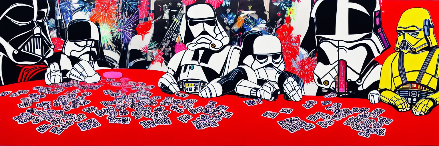 Prompt: hyperrealism composition of the detailed woman in a japanese kimono sitting at an extremely detailed poker table with darth vader and stormtrooper, ( ( r 2 d 2 ) ), ( ( c 3 po ) ), fireworks on the background, pop - art style, jacky tsai style, andy warhol style, acrylic on canvas