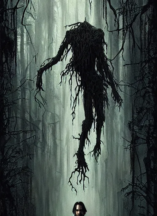 Image similar to highly detailed horror movie poster with angry creepy keanu reeves as a tree, keanu reeves faces in the bark of many trees sentient leafy catastrophe by greg rutkowski, masterpiece, really funny, 1 0 / 1 0 creepy