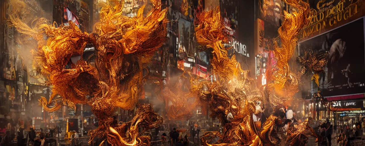 Image similar to 'Deamons unleashed in Times Square' by István Sándorfi royally decorated, whirling smoke, embers, gold encrustations , gilt silk torn fabric, radiant colors, fantasy, perfect lighting, studio lit, volumetric lighting, micro details, 3d sculpture,