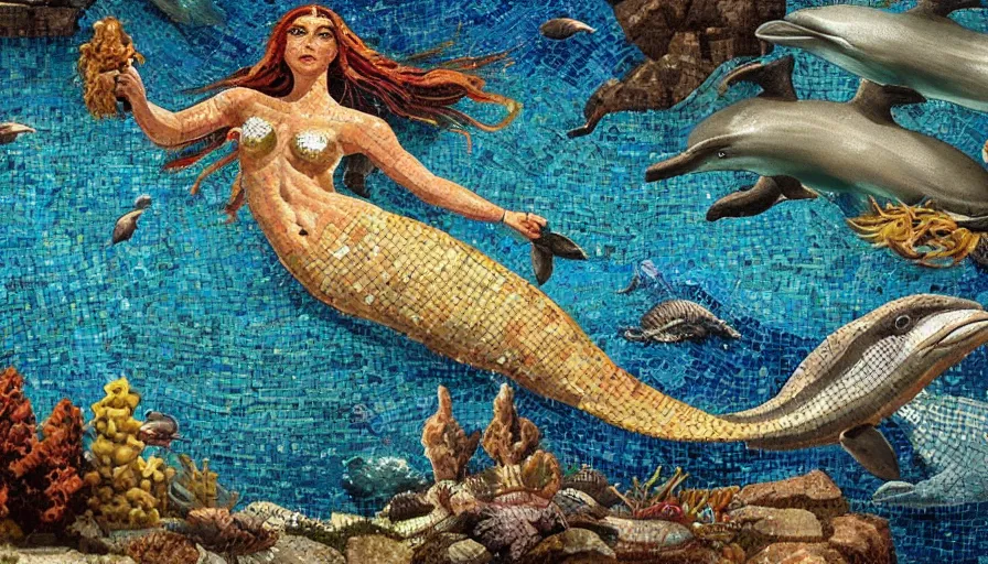 Image similar to giant roman mosaic of legendary mermaid in sea with fish and dolphins on a cave wall, octane, artstation