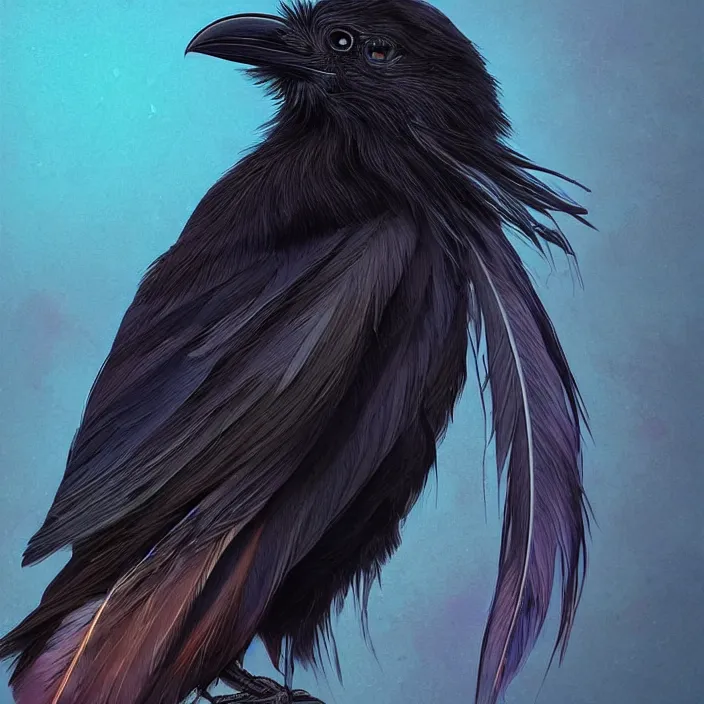 Prompt: beautiful black raven bird with long turqoise feather highlights, cute, intricate, highly detailed, digital painting, trending on artstation, concept art, smooth, sharp focus, backlit, rim light, vivid colors, illustration, unreal engine 5, 8 k, art by rossdraws and alphonse mucha