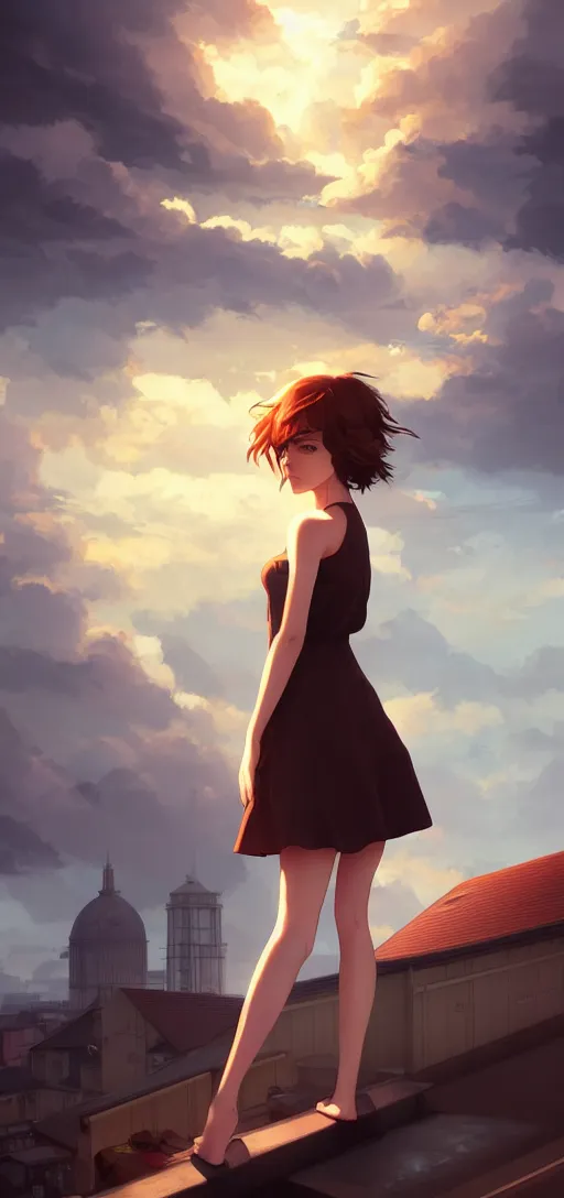 Image similar to a beautiful british woman with short brown hair, gentle, somber amber eyes, standing on a rooftop, storm in the distance, basic clothing, digital art by makoto shinkai ilya kuvshinov and wojtek fus, digital art, concept art,