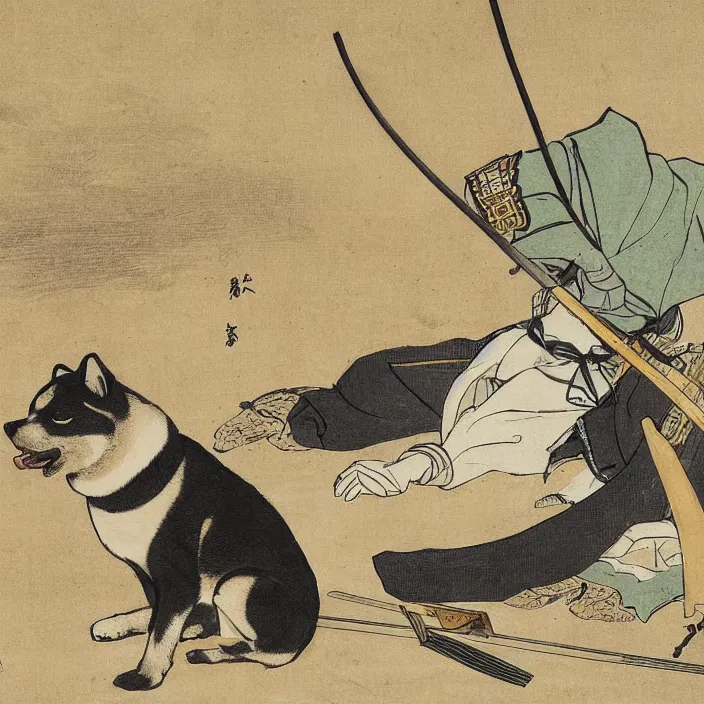 Image similar to a shiba-inu-samurai general waking up from a nap on the battlefield, his trusty katana at his side, artwork on loan from the historical dog society of japan