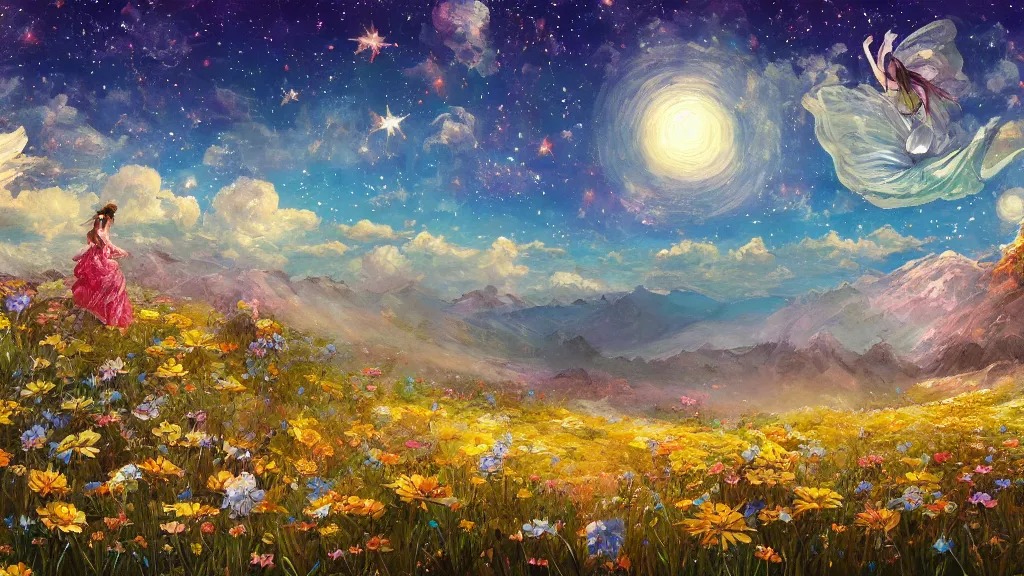 Image similar to a beautiful painting, ultrawide view, in big desert, flowers, starry night, summer, fairy tale, 3 d, yoneyama mai, zeen chin, artstation