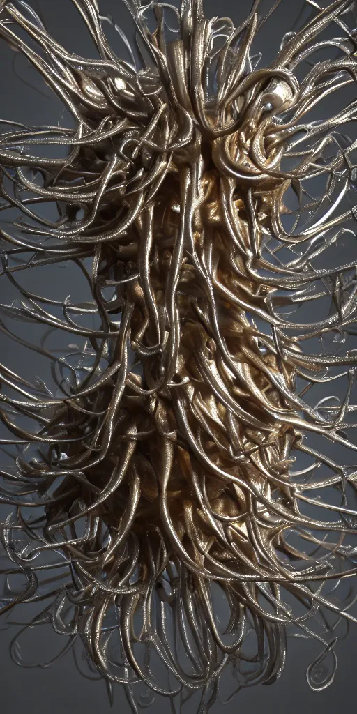 Image similar to a photorealistic render of a metallic neotribal jellyfish sculpture, with thorns, made of liquid metal, c 4 d, by zhelong xu and ernst haeckel, wide angle, hyper realistic, plain background, 8 k, volumetric lightning, octane render