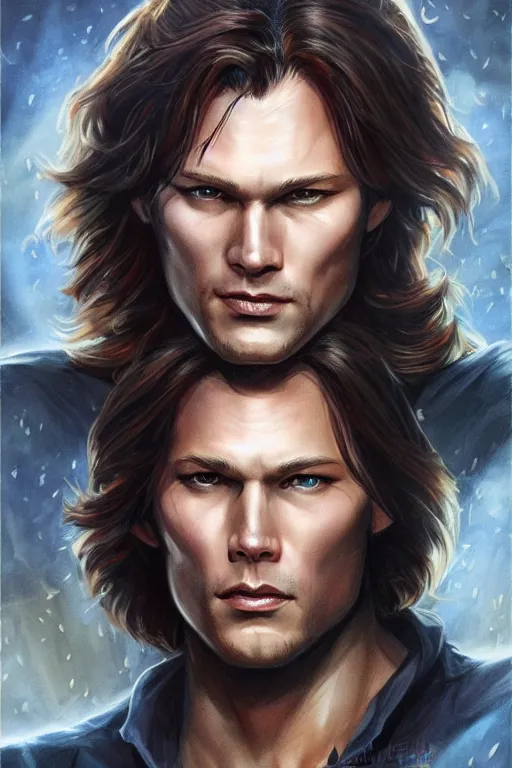 Image similar to front portrait of attractive sam winchester as a supernatural being, d & d!, fantasy style, sharp focus!, ultra detailed, art by artgerm and peter andrew jones, wlop