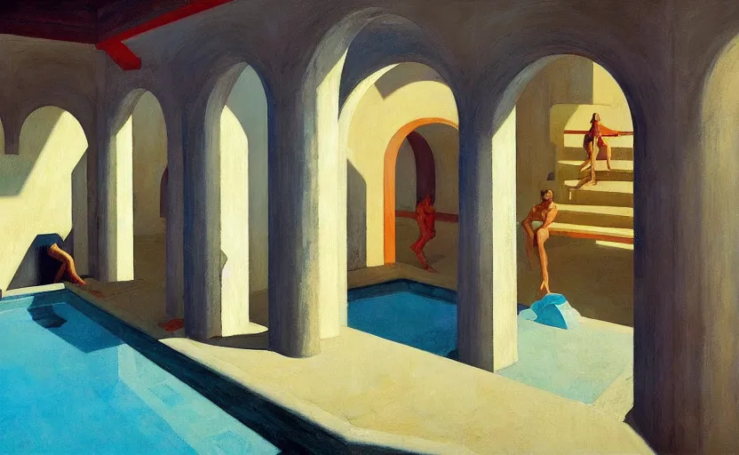 Image similar to Inside a greek dungeon with a big pool, very coherent, painted by Edward Hopper, Wayne Barlowe, painted by James Gilleard, airbrush, art by JamesJean