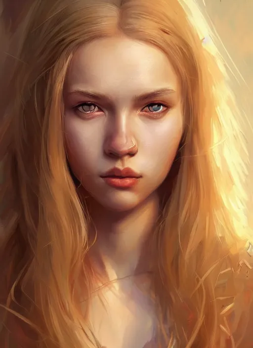 Prompt: full - body portrait of slavic young woman warrior, extremely detailed face, beautiful face, blonde hair, digital painting, true anatomy, by valerian city of a thousand planets, by ruan jin #, by mandy jurgens #, by artgerm #, william - adolphe bouguerea #