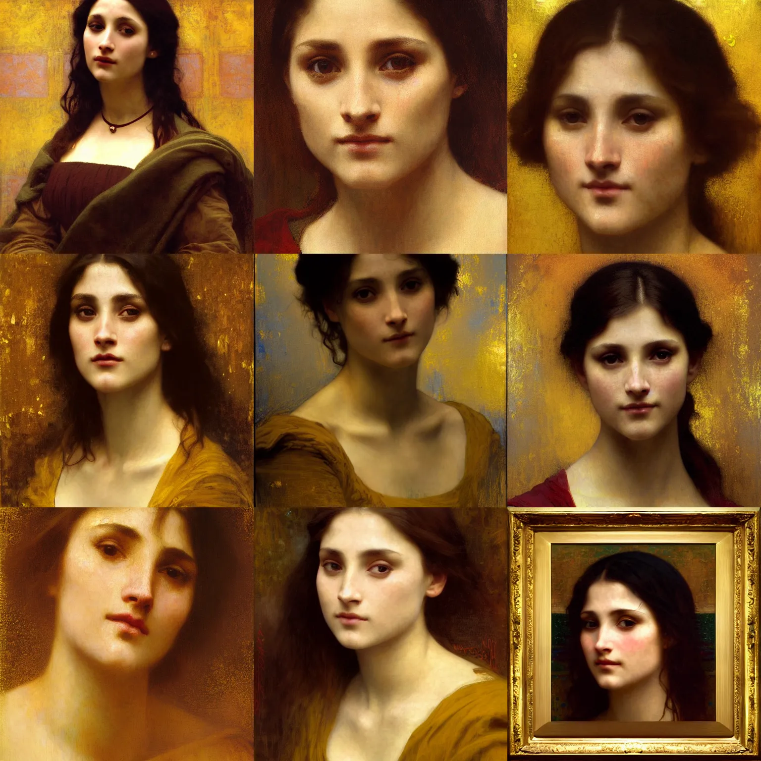 Prompt: finished portrait of a beautiful womans face, by william adolphe bouguereau, waterhouse, craig mullins, ruan jia, gustave klimt, mona lisa, background, bold color, yellow, gold leaf