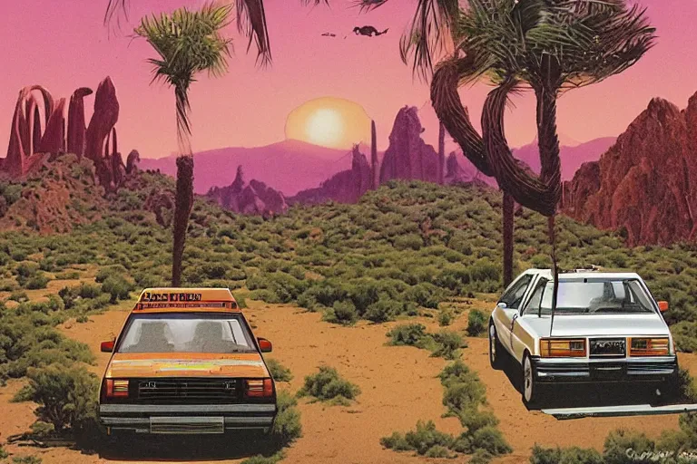 Image similar to a 1 9 8 5 electronics ad depicting a commodore 6 4 sitting on a desert trail. i'm the background is a fantasy castle. chrome font. art in the style of andy zito