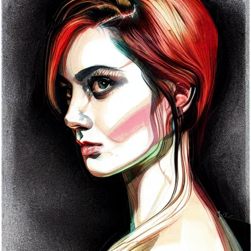 Image similar to bemused to be in jail portrait of an italian actress looking straight on, complex artistic color ink pen sketch illustration, full detail, gentle shadowing, fully immersive reflections and particle effects, concept art by artgerm