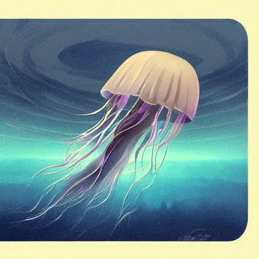 Image similar to illustrious atmospheric illustration of a jellyfish floating underwater by xi zhang, pinterest, 2 d art, concept art, blue pigment, waves