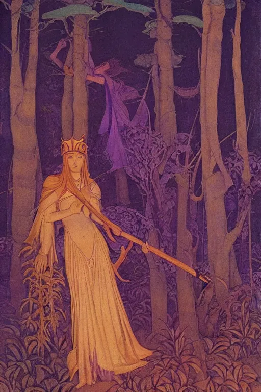 Image similar to lost queen of the forest with her scepter, by Nicholas Roerich and jean delville and Maxfield Parrish, dramatic cinematic lighting , ornate headdress , lost civilizations, extremely detailed