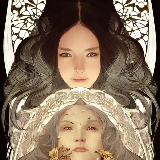 Image similar to A portrait of A beautiful!!!! angel in black flames by Ross Tran!! and alphonse mucha and greg rutkowski and gustav doré!!,In style of digital art illustration.Symmetry.Highly detailed face.Fantasy,smooth,hyper detailed,sharp focus,Soft light.trending on artstation.4k