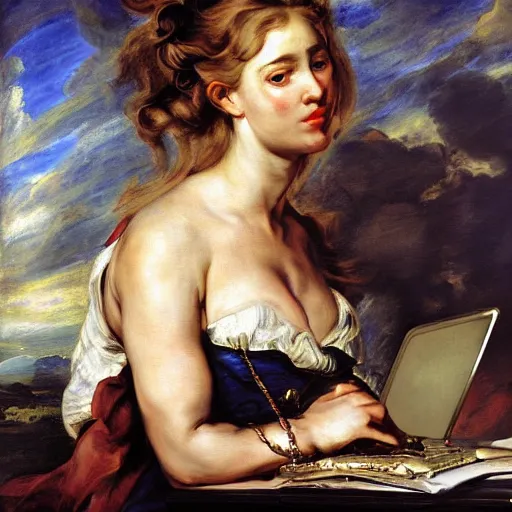 Prompt: heavenly summer sharp land sphere scallop well dressed lady working on her laptop, auslese, by peter paul rubens and eugene delacroix and karol bak, hyperrealism, digital illustration, fauvist