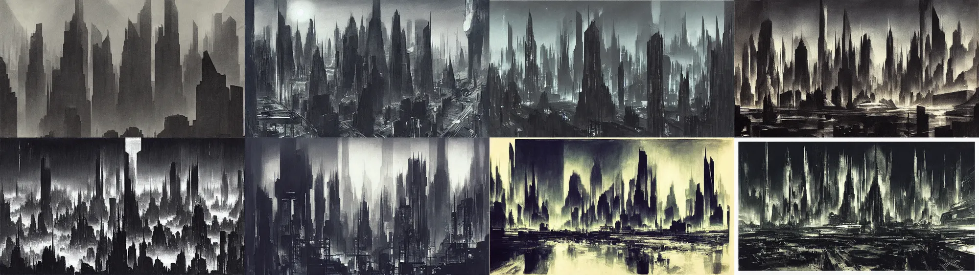 Prompt: “future noir landscape cityscape Hugh Ferriss painting of a megacity on another planet”