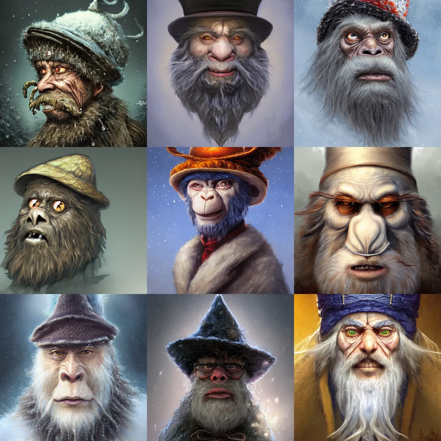 Prompt: a wlop 3 d render of very very very very highly detailed beautiful mystic portrait of a horror wind phantom ape mage with stylish hat and frosty background by anton pieck, intricate, extremely detailed, digital painting, artstation, concept art, smooth, sharp focus, illustration, intimidating lighting, incredible art,