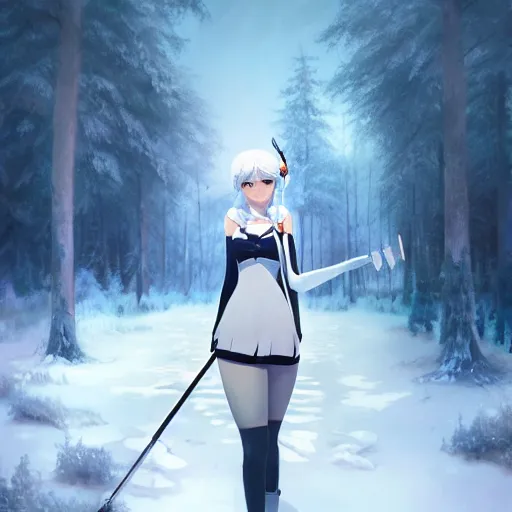 Image similar to realistic render of weiss schnee from rwby by ross draws, snowy forest background by ilya kuvshinov, digital anime art by ross tran, composition by sana takeda, lighting by greg rutkowski