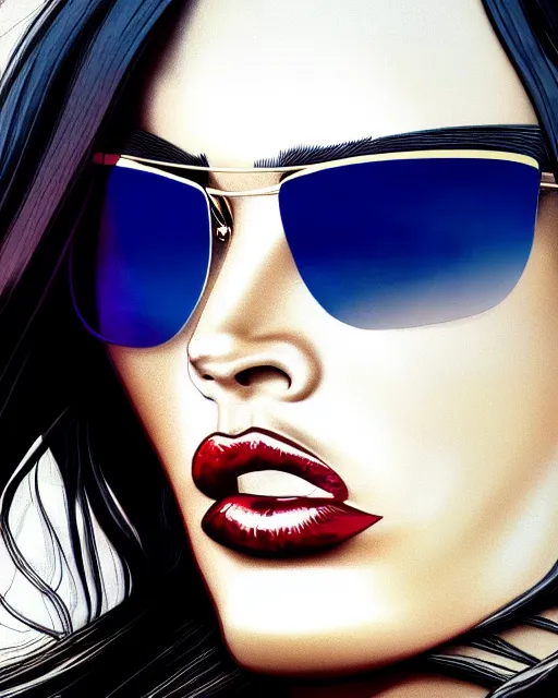 Prompt: low angle closeup very seductive and powerful megan fox police woman with sunglasses, action glamour pose, windblown dark hair, vibrant, hyper detailed, smooth, ambient lighting, sharp focus, fritz willis, anna dittmann, moebius, patrick nagle!!!, rim lighting, octane, golden hour