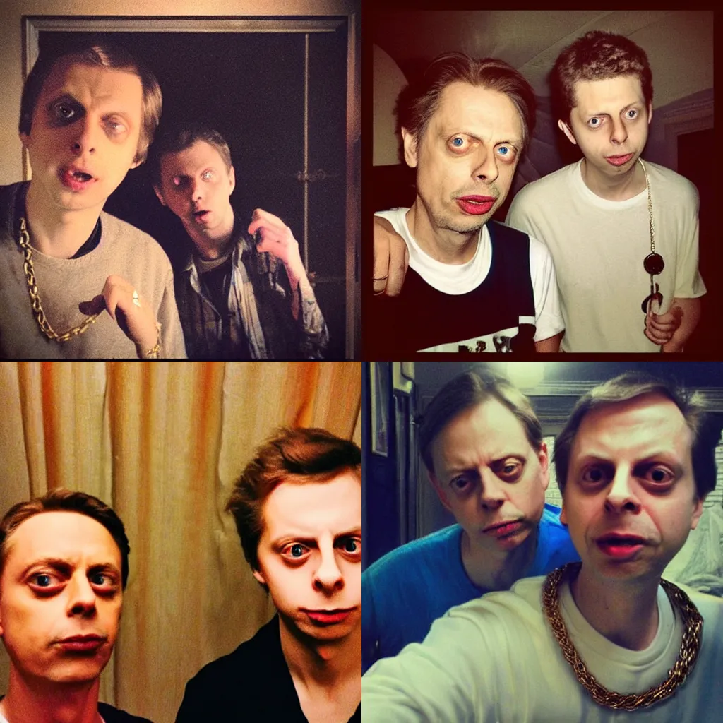 Prompt: steve buscemi and michael cera, selfie, instagram filter, dirty mirror, yolo, gold chains