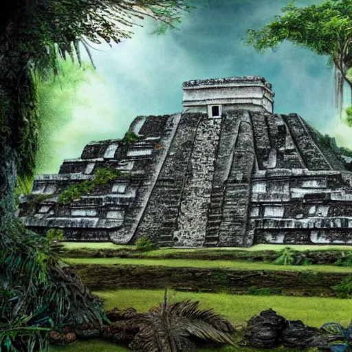 Prompt: mayan ruins in the middle of an overgrown jungle, in the style of remedios varo, photorealistic