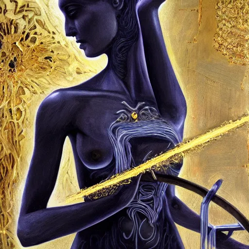 Image similar to Goddess of life itself with a scythe, dark Goddess of artificial intelligence creating an artificial neural network with gold synapses on an anvil with her scythe, high resolution, award winning art, trending on art station, sharp image, incredibly detailed, detailed character, realistic painting, hyper-realistic painting, coherent painting, master piece by ramon y cajal