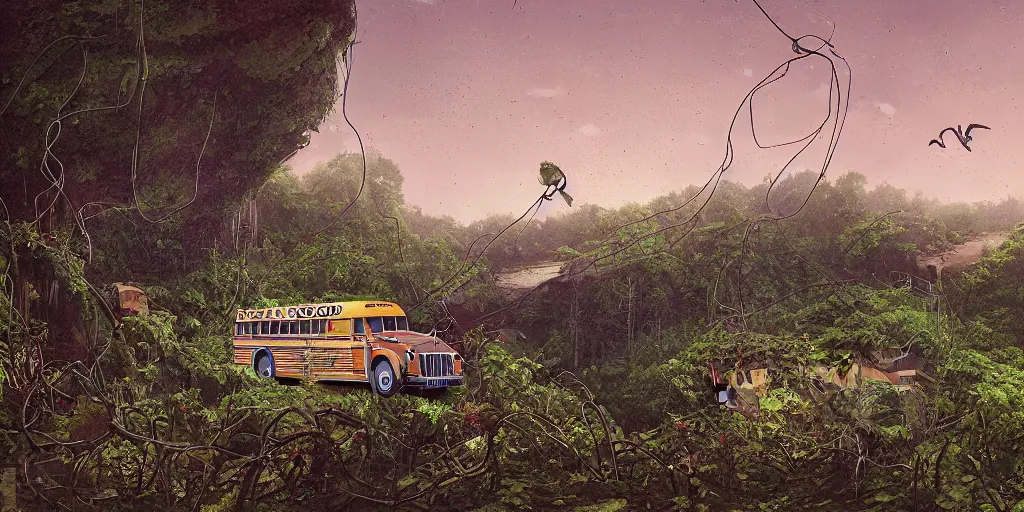 Image similar to a crashed, abandoned school bus overgrown with vines hanging partially over a cliff. Beneath the cliff is an alien lake. In the sky are two suns. Detailed digital matte painting in the style of simon stalenhag