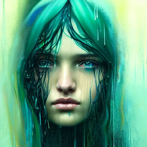 Image similar to girl in rain with wet hair and face, teal, fantasy, intricate, elegant, dramatic lighting, emotionally evoking symbolic metaphor, highly detailed, lifelike, photorealistic, digital painting, artstation, concept art, smooth, sharp focus, illustration, art by John Collier and Albert Aublet and Krenz Cushart and Artem Demura and Alphonse Mucha