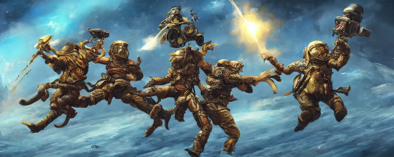 Image similar to fantasy epic monkey gunfight in space, concept art, 4 k